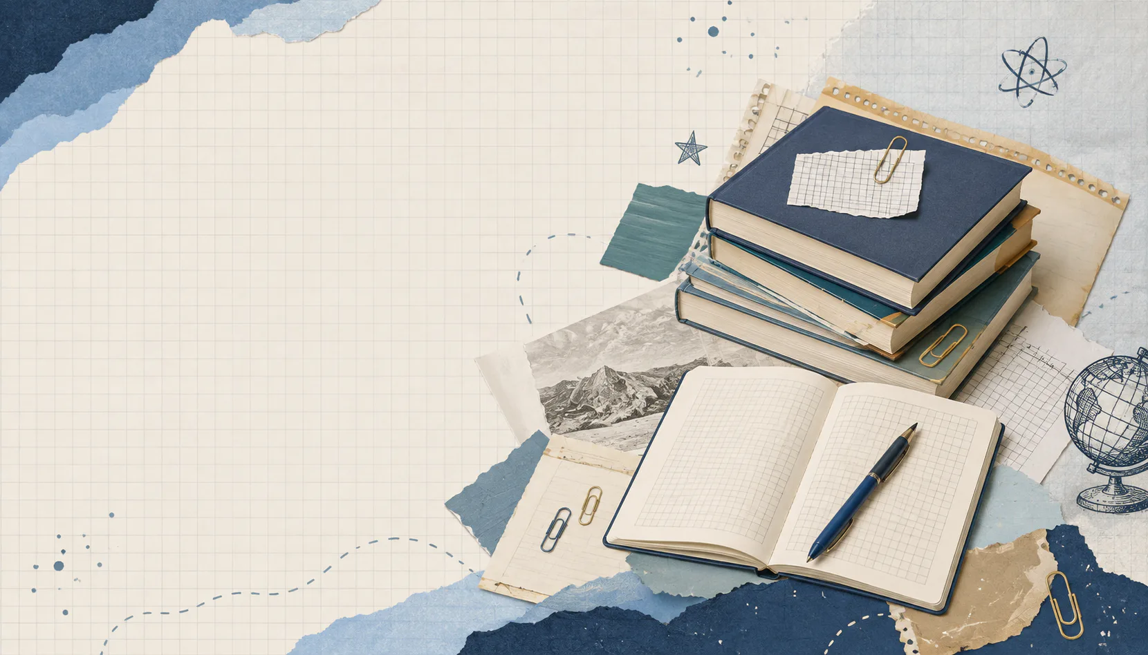 Книги, тетрадь и учебные материалы в бумажном коллаже